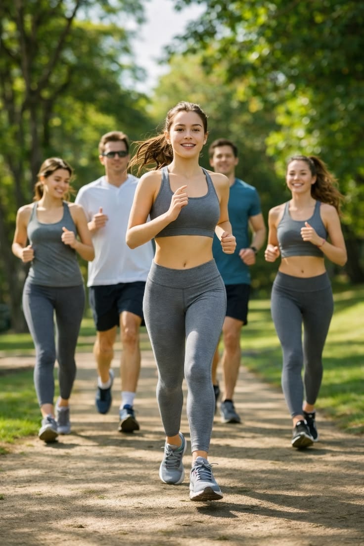 A group of neighbors jogging together through a sunny park — active community life at Porchaven™