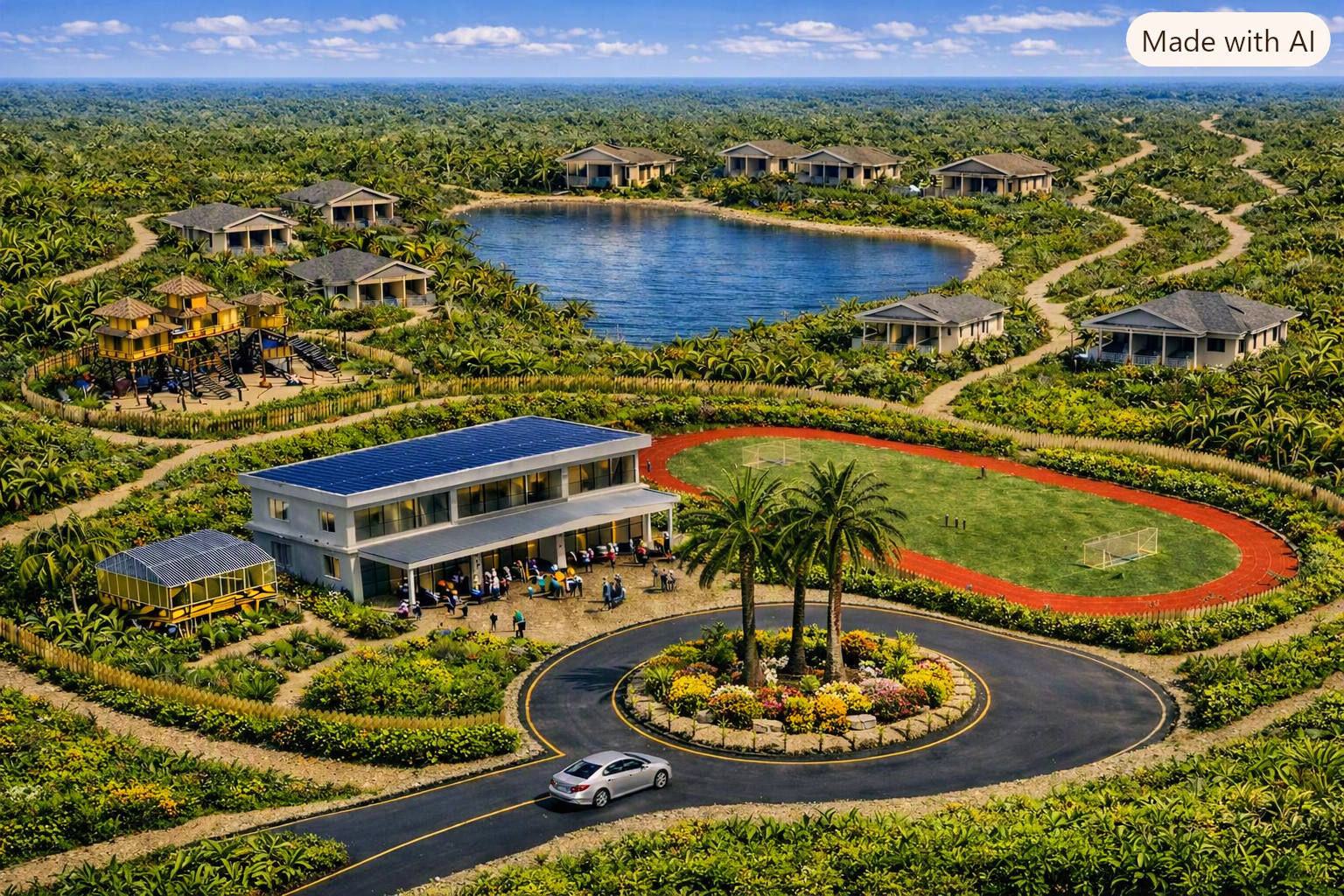Compass Haven — aerial rendering of a learning-centered neighborhood with The Discovery Academy, gathering spaces, and lush tropical landscaping
