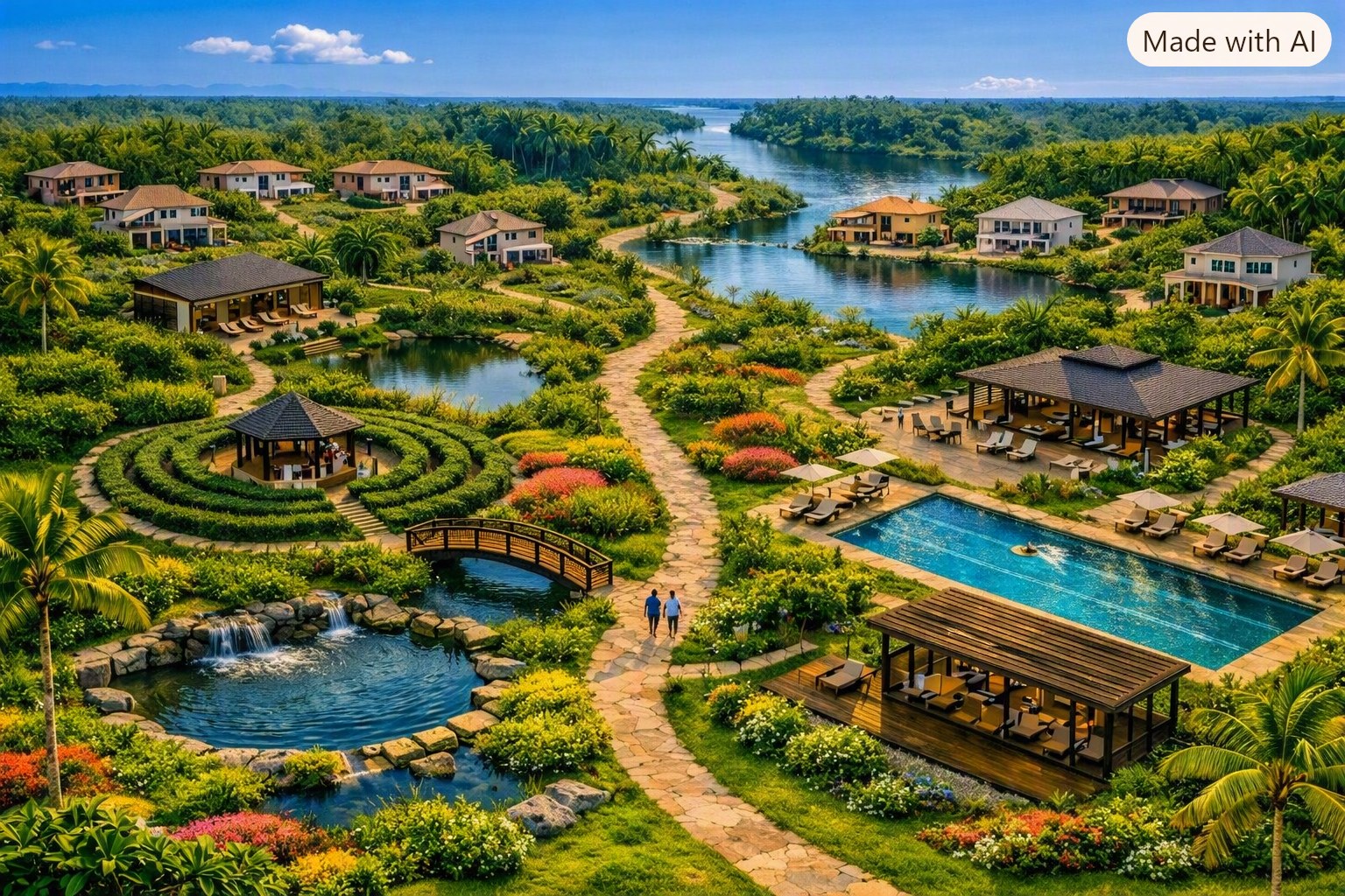 Grove Haven — aerial rendering of a lush tropical neighborhood with winding garden paths, koi ponds, a labyrinth garden, resort pool, and open-air pavilions at sunset