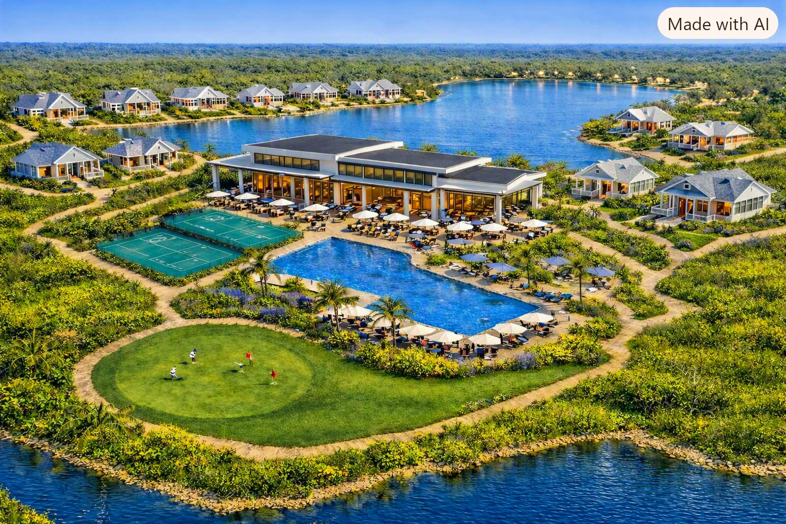 Promenade Haven 55+ — aerial rendering of a resort-style active adult neighborhood with a lakefront clubhouse, resort pool, sports courts, putting green, and cottage homes surrounded by tropical landscaping