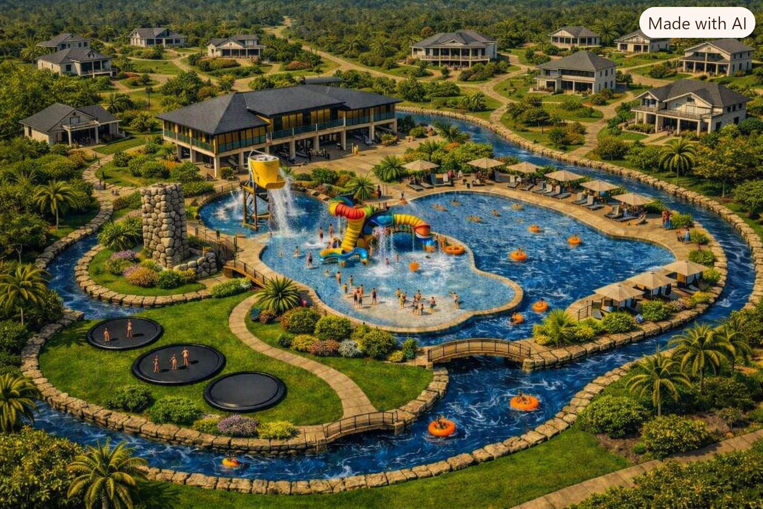 Venture Haven — aerial rendering of an adventure neighborhood featuring a resort water park with slides, lazy river, trampolines, and a grand clubhouse surrounded by tropical landscaping